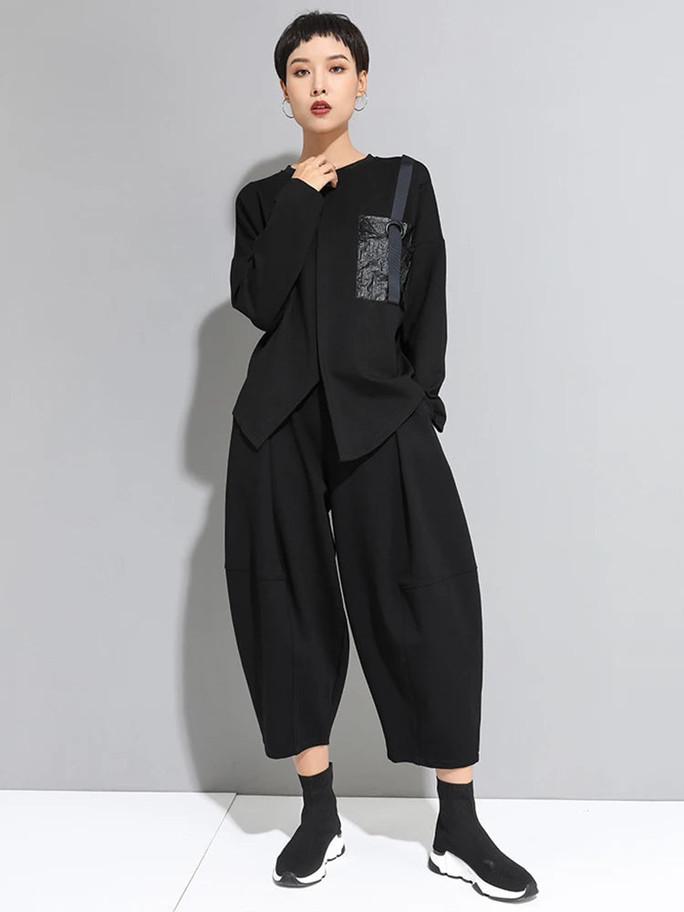 Women Black Pocket Ribbon Irregular Big Size T-shirt New Round Neck Long Sleeve Fashion Tide Spring Autumn 2025 1DJ1771