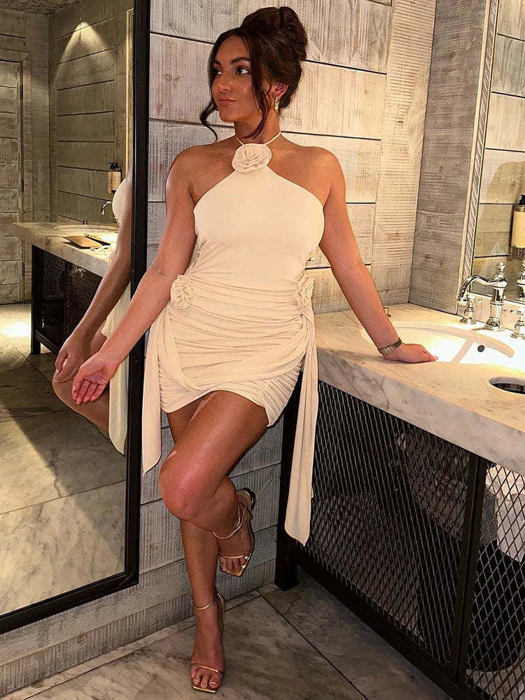 Sexy Sleeveless Hanging Neck 3D Flower Tight Dress Women Lace Up Double Layered Evening Dress Female Party Evening Dress