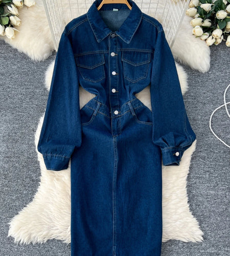 Retro Fashion 2024 Autumn Women's Blue Temperament Single Breasted Slim Dresses Korean Long Sleeved Vacation Denim Dress Popular