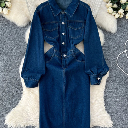 Load image into Gallery viewer, Retro Fashion 2024 Autumn Women's Blue Temperament Single Breasted Slim Dresses Korean Long Sleeved Vacation Denim Dress Popular
