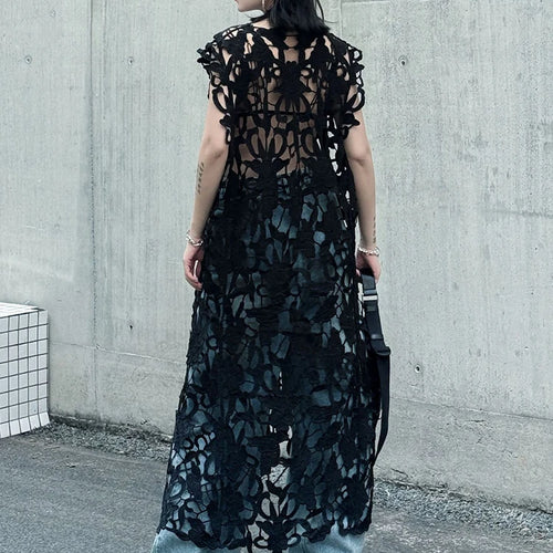 Load image into Gallery viewer, Women Black Lace Hollow Out Perspective Big Size Dress New Round Neck Sleeveless Fashion Tide Spring Summer 2025 1DJ0243
