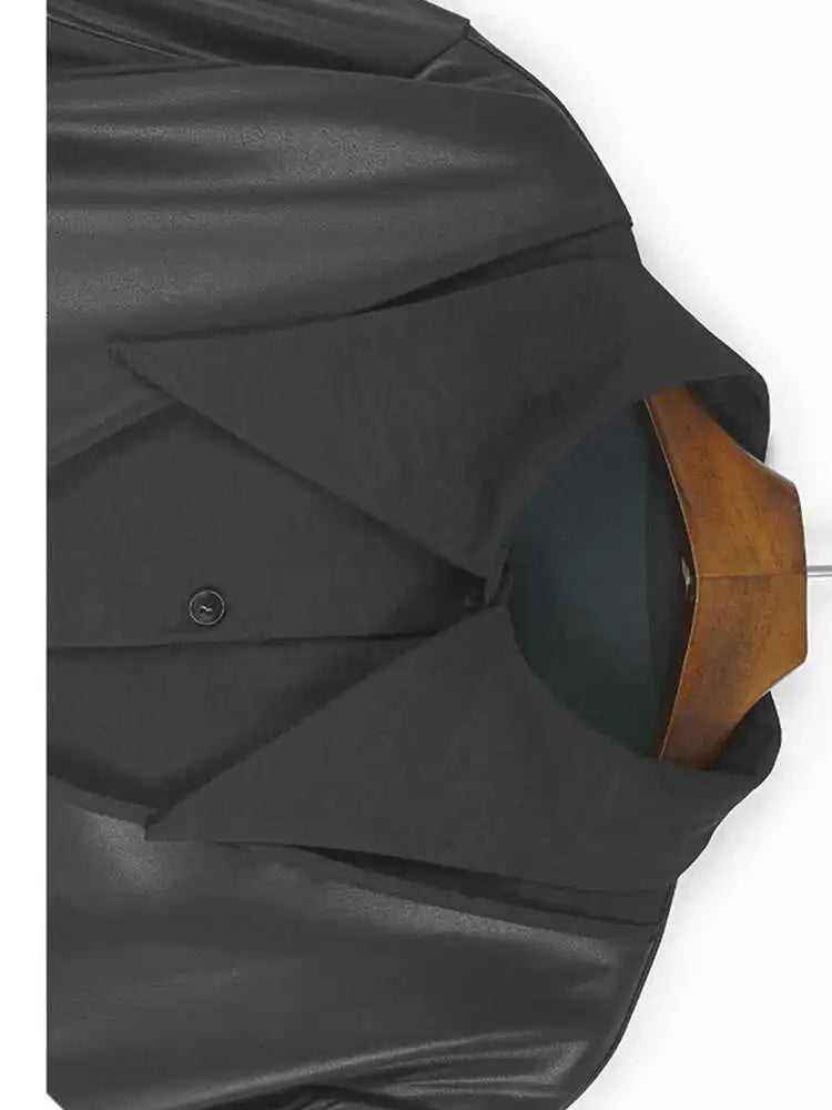 Women Black Pu Leather Vest False Two Big Size Shirt Dress New Lapel Long Sleeve Fashion Tide Spring Autumn 2025 1DH9653