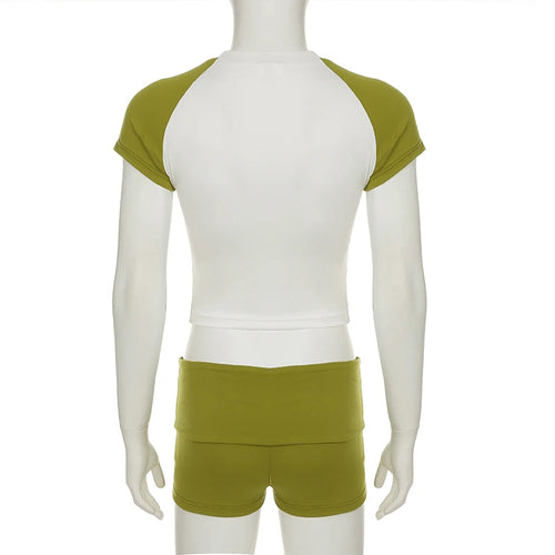 Load image into Gallery viewer, Casual Contrast Color Slimming Two Piece Sets Women Short Sleeve T-shirts+Waist Fold Micro Shorts Summer Outifits New
