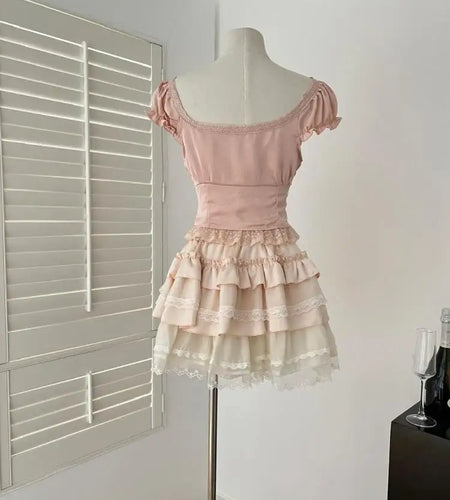 French Summer Sweet Pink Patchwork Lace Short Sleeve Tops And Beige High Waist Ruffle Edge Cake Mini Skirt Women Two Piece Sets