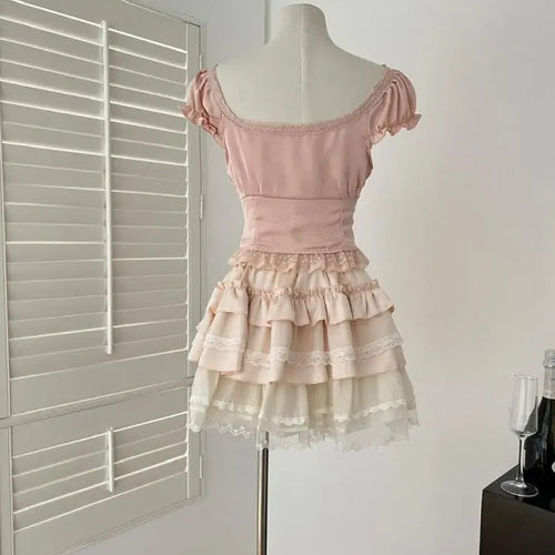 Load image into Gallery viewer, French Summer Sweet Pink Patchwork Lace Short Sleeve Tops And Beige High Waist Ruffle Edge Cake Mini Skirt Women Two Piece Sets
