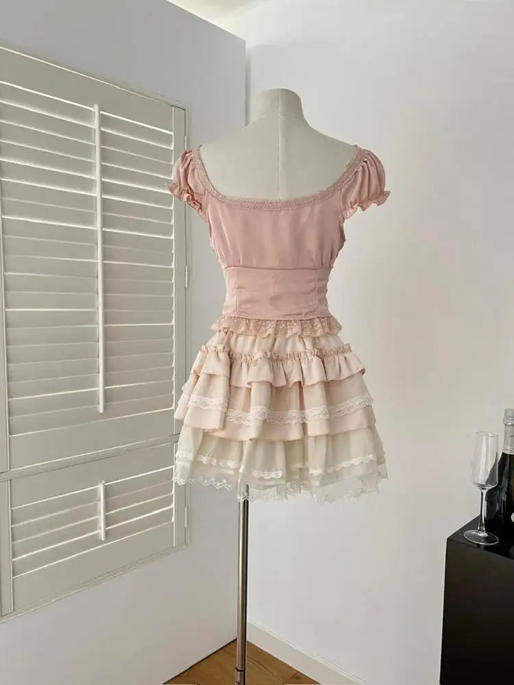 French Summer Sweet Pink Patchwork Lace Short Sleeve Tops And Beige High Waist Ruffle Edge Cake Mini Skirt Women Two Piece Sets