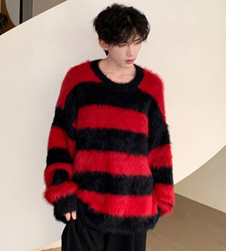 Niche Design Stripe Male Round Collar Sweaters Korean Patchwork Contrast Color Men's Knitting Pullovers Winter Tide 9C4132