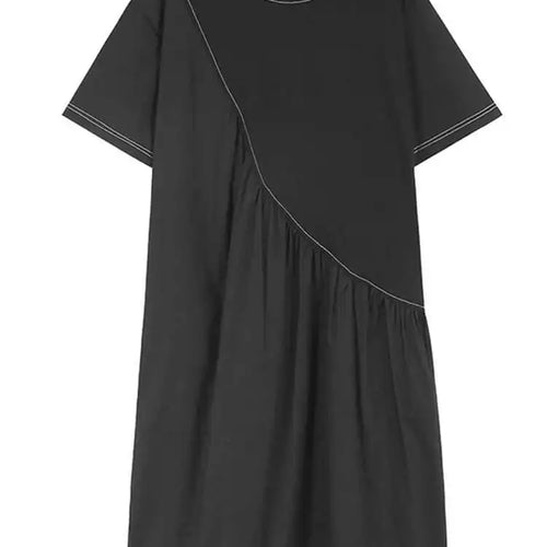 Load image into Gallery viewer, Women Black Pleated Color-block Big Size Midi Dress New Round Neck Short Sleeve Fashion Tide Spring Summer 2025 1DH5237
