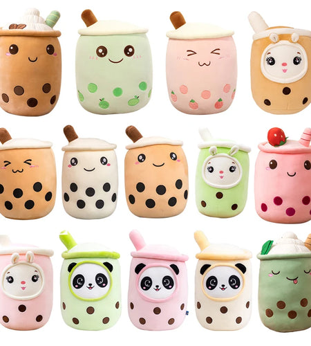 Kawaii Small Size Cartoon Bubble Tea Cup Peluche Toys Funny Boba Pillow Stuffed Soft Strawberry Panda Milk Tea Cushion Baby Gift