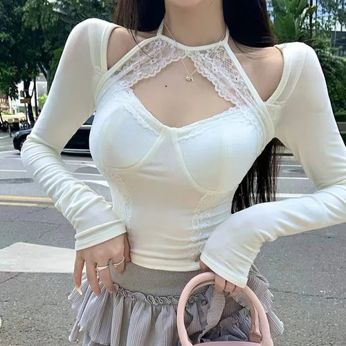 Load image into Gallery viewer, y2k Crop Top Women Fairycore Clothing Lace Patchwork Round Neck Long Sleeve Halter Neck T Shirt 2000s Aesthetic Clothes
