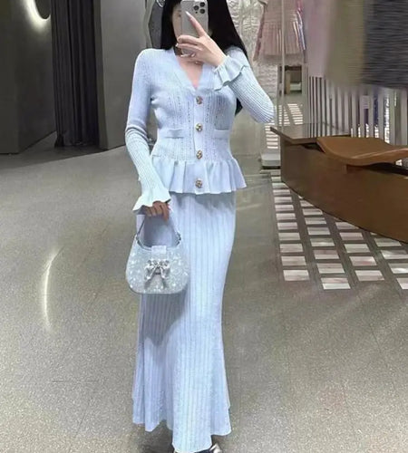 French Women Black White V Neck Elegant Slim Long Sleeved Dress Spring Blue Single Breasted Office Lady Knit Fishtail Dress Chic