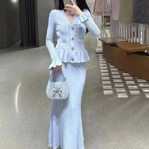 Load image into Gallery viewer, French Women Black White V Neck Elegant Slim Long Sleeved Dress Spring Blue Single Breasted Office Lady Knit Fishtail Dress Chic
