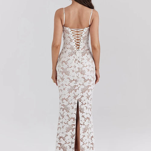 Load image into Gallery viewer, Floral Embroidery Sexy Maxi Dress For Women Fashion Spaghetti Strap Sleeveless Backless Lace-up Club Party Long Dress
