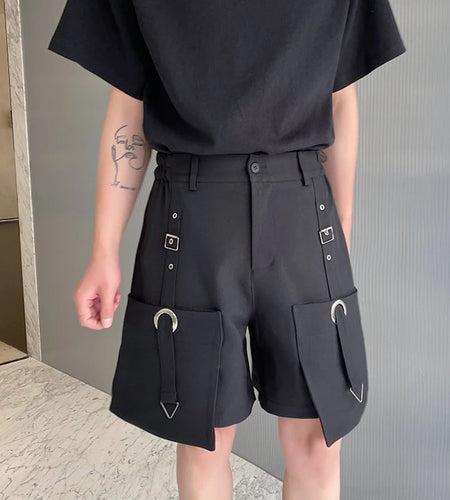 High Waisted Shorts Summer New Casual Men's Cargo Pants Pocket Zipper Solid Color Loose Fashion Metal Ribbon 9C5355