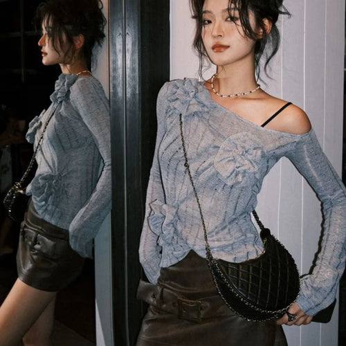 Load image into Gallery viewer, Autumn Sweet Solid 3D Flower Women's T-Shirt  New Knitted Streetwear Bottoming Tshirts Y2k Aesthetic Slash Neck Tee Shirts
