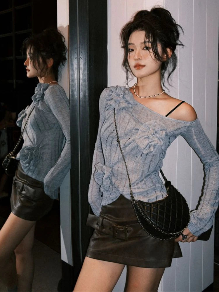 Autumn Sweet Solid 3D Flower Women's T-Shirt  New Knitted Streetwear Bottoming Tshirts Y2k Aesthetic Slash Neck Tee Shirts