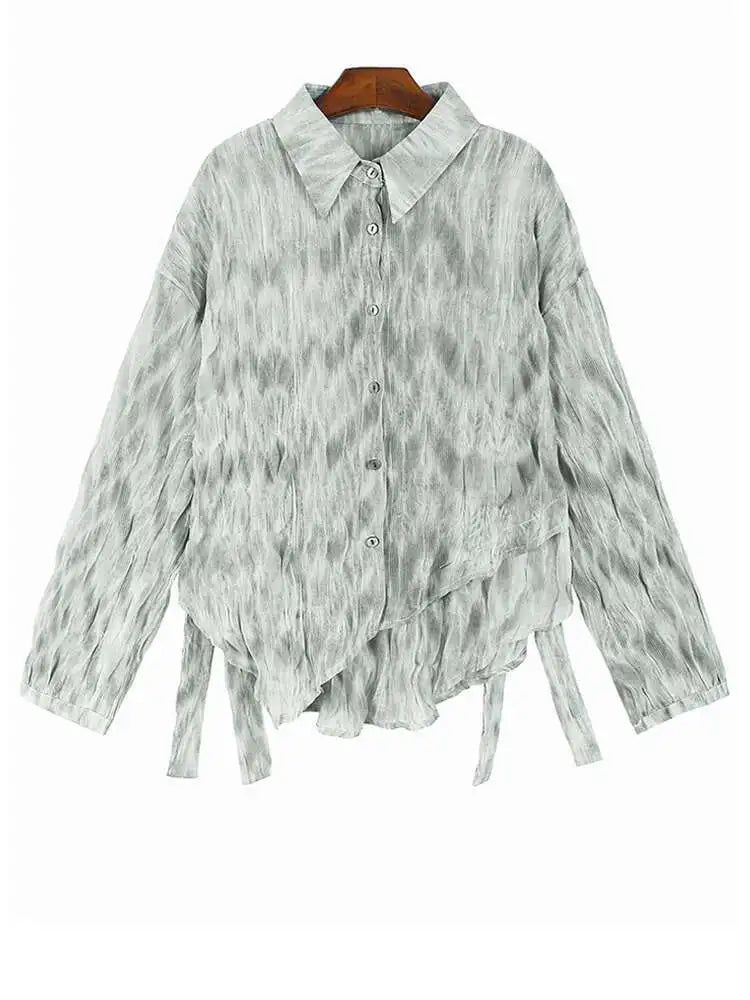 Women Coffee Tie Dye Ribbon Big Size Casual Blouse New Lapel Long Sleeve Shirt Fashion Tide Spring Autumn 2025 1DH5309