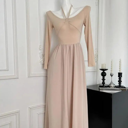 Load image into Gallery viewer, Autumn New Women Khaki Elegant Long Sleeve High Waist Pleated Dress Korean Backless Round Neck Halter Lace-up Dress Casual Trend
