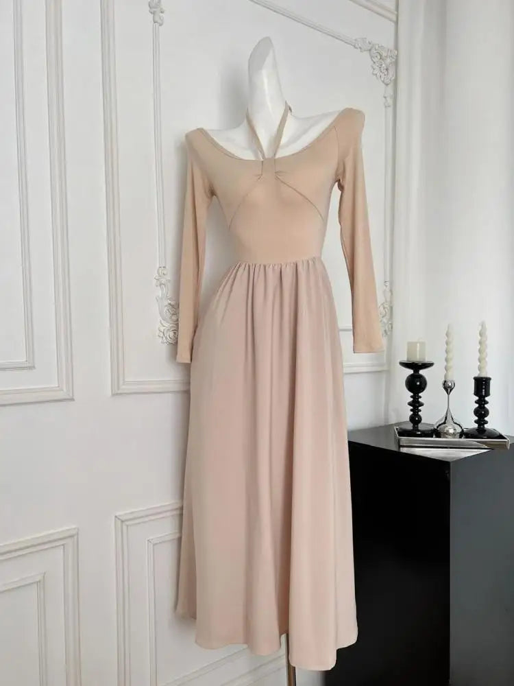 Autumn New Women Khaki Elegant Long Sleeve High Waist Pleated Dress Korean Backless Round Neck Halter Lace-up Dress Casual Trend