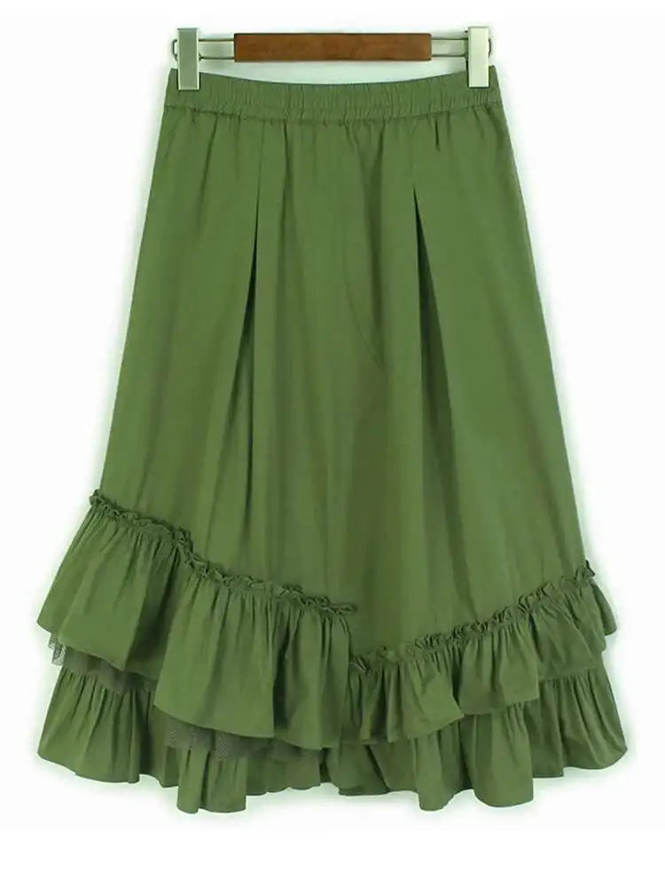 High Elastic Waist Green Pleated Ruffles Elegant Midi Half-body Skirt Women Fashion Tide New Spring Autumn 20251DJ0183