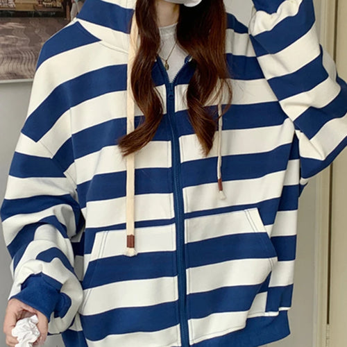 Load image into Gallery viewer, Korean Style Zipper Striped Female Hoodies Autumn Loose Casual Drawstring Streetwear Long Sleeve Women Sweatshirts
