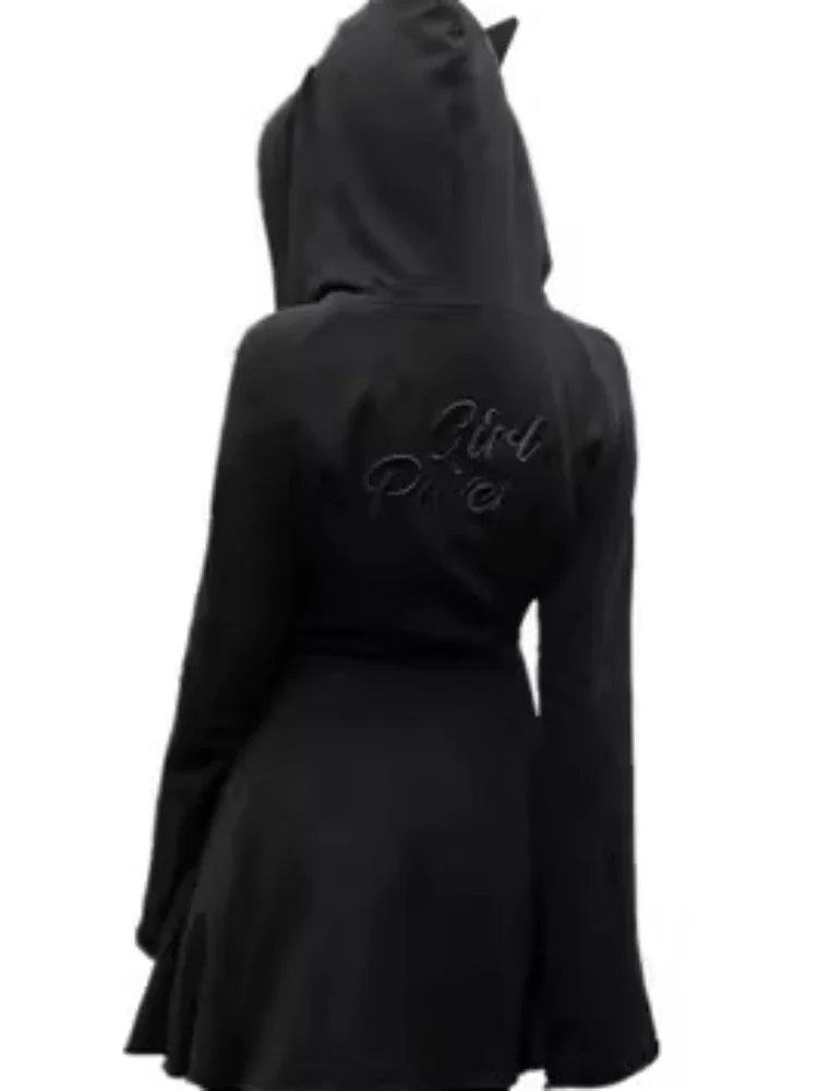 Autumn Gothic Harajuku Goth Dark Black Hooded Dress with Ears Korean Style Zip Kpop Wrap Mini Short Dresses