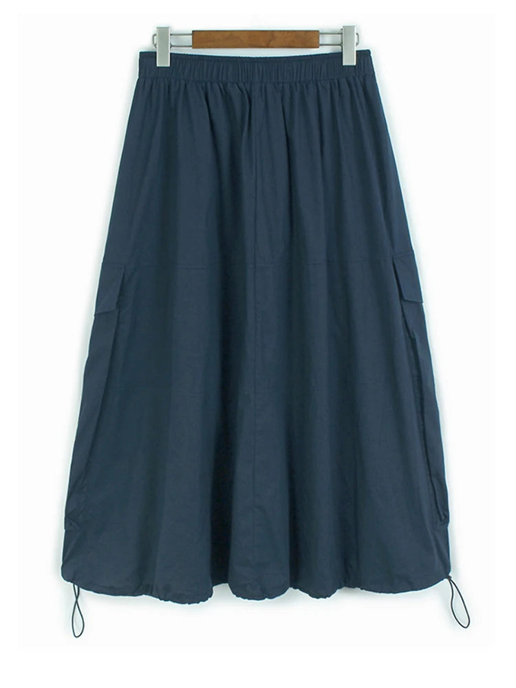 High Elastic Waist Blue Hem Drawstring Casual A-line Half-body Skirt Women Fashion Tide New Spring Autumn 2025 1DJ0863