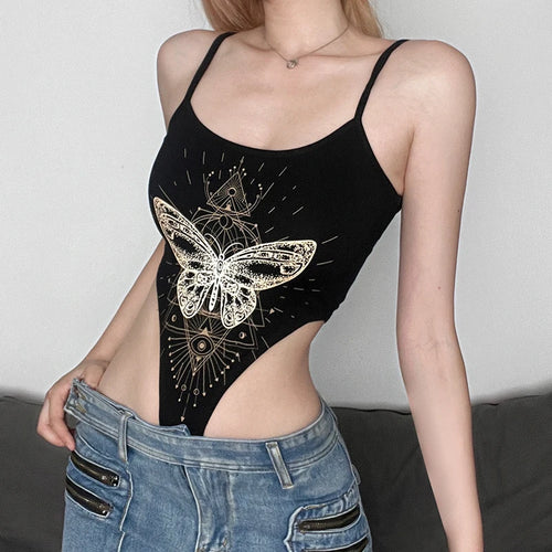 Load image into Gallery viewer, Vintage Gothic Strap Summer Bodysuit Female Fairycore Butterfly Printed Body One Piece High Cut Rompers Y2K Bodysuits
