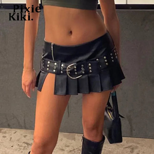 Load image into Gallery viewer, Cyberpunk Buckle Studded Belted PU Leather Skirt Black Low Rise Slit Pleated Mini Skirt Y2k Trendy Clothes P67-EG23
