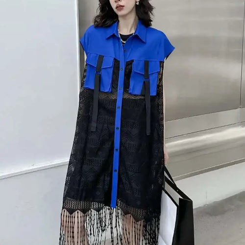 Load image into Gallery viewer, Women Army Green Lace Perspective Tassels Midi Shirt Dress New Lapel Sleeveless Fashion Tide Spring Summer 2025 1DH4540
