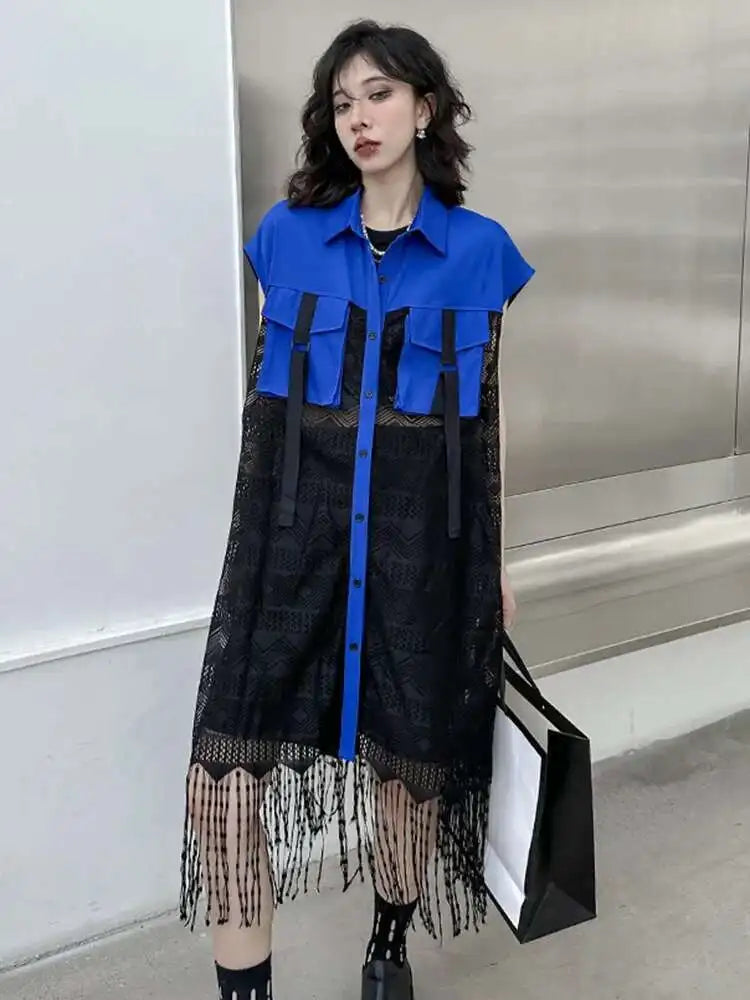 Women Army Green Lace Perspective Tassels Midi Shirt Dress New Lapel Sleeveless Fashion Tide Spring Summer 2025 1DH4540