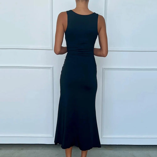 Load image into Gallery viewer, Elegant Deep V Neck Front Gold Clasp Sexy Maxi Dress For Women Black Gown Sleeveless Slim Fit Long Tank Dress Elegant
