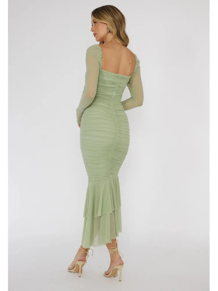 Fashion Mesh Patchwork Long Sleeved Dress Women's Double Fold Bandage Slim Fit Vesidos Elegant Party Evening Dress 2024