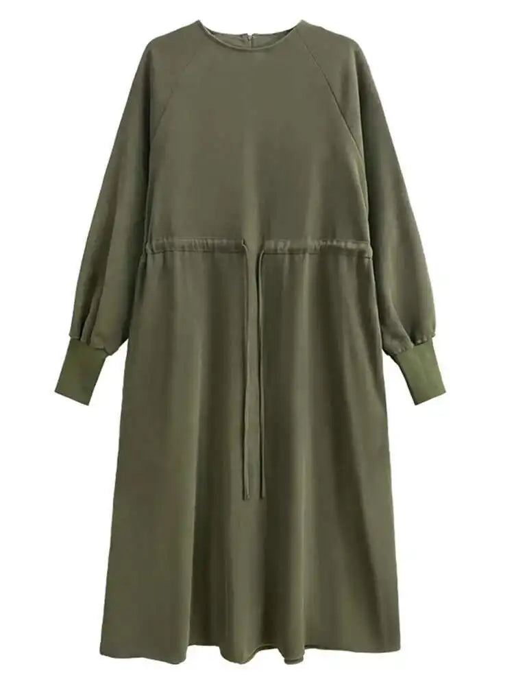 Women Army Green Big Size A-line Long Dress New Round Neck Long Sleeve Loose Fashion Tide Spring Autumn 2025 1DH3874