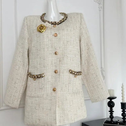 Load image into Gallery viewer, White Women New Black Patchwork Elegant Down Woolen Coat 2024 New French Vintage White Diamond Round Neck Single Breasted Jacket
