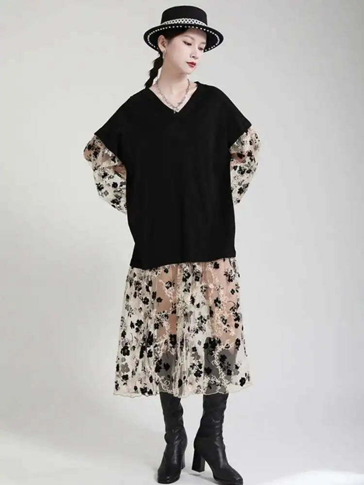 Women Pattern Printed Perspective Big Size Dress New V-Neck Long Sleeve Loose Fit Fashion Tide Spring Autumn 2025 1DE3176