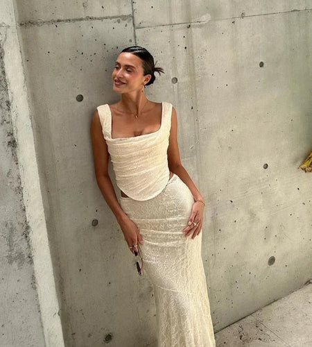 Elegant Women 2 Piece Dress Set 2023 Maxi Wedding Guest Dress Lace Up Crop Top and Maxi Skirt Set Formal Event Dress