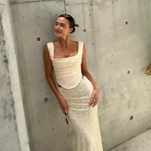 Load image into Gallery viewer, Elegant Women 2 Piece Dress Set 2023 Maxi Wedding Guest Dress Lace Up Crop Top and Maxi Skirt Set Formal Event Dress
