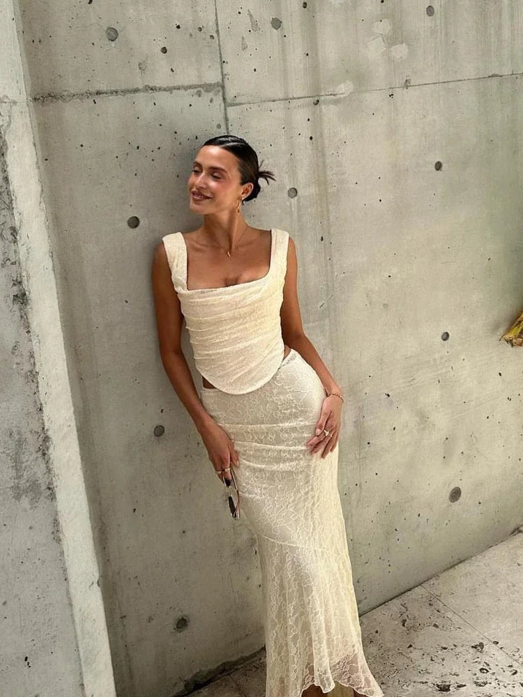 Elegant Women 2 Piece Dress Set 2023 Maxi Wedding Guest Dress Lace Up Crop Top and Maxi Skirt Set Formal Event Dress