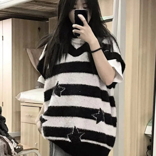 Load image into Gallery viewer, 2025 Detachable Sleeve Gothic Sweaters Women Harajuku Knitted Oversized Striped Jumper Y2k Aesthetic Star Grunge Tops Streetwear
