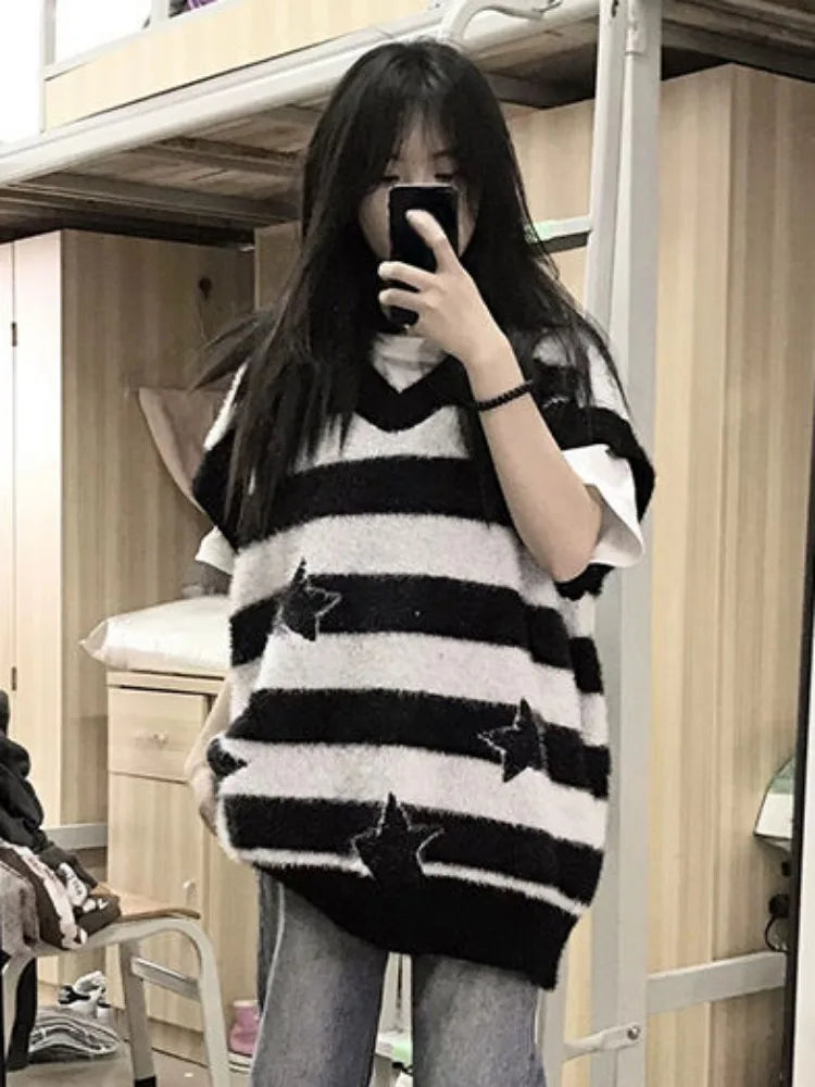 2025 Detachable Sleeve Gothic Sweaters Women Harajuku Knitted Oversized Striped Jumper Y2k Aesthetic Star Grunge Tops Streetwear
