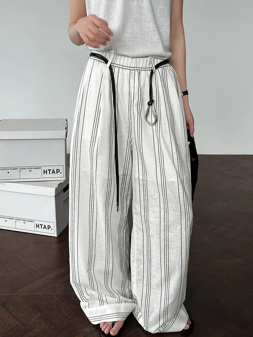 High Waist Brown Striped Linen Belted Long Wide Leg Pants New Trousers Women Fashion Tide Spring Autumn 2025 1DJ1558