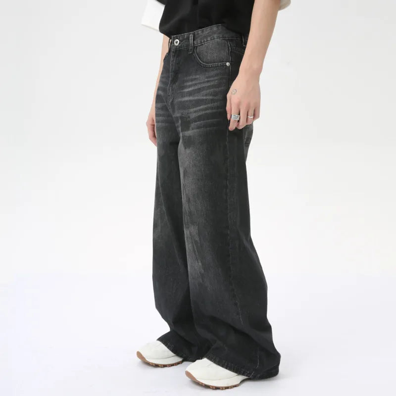 American Style Casual Men's Jeans Dirty Design Straight Wide Leg Denim Pants Loose Male Trousers Chic Summer 2024 C6284