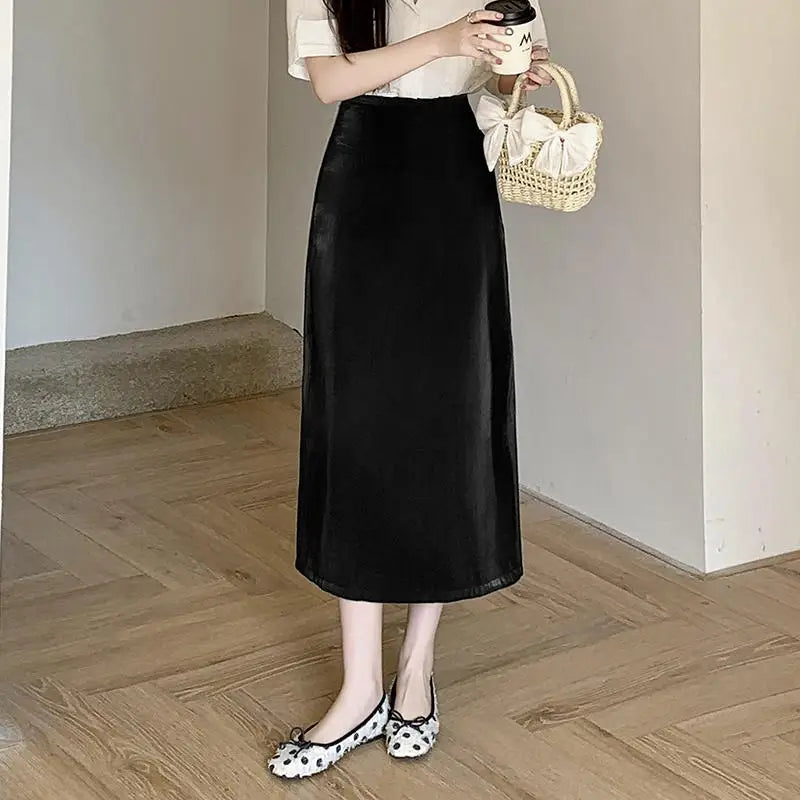 Spring Summer Korean Fashion Black Elegant Office Long Skirts For Women Red High Waisted Holiday Straight Half Skirt Simplicity