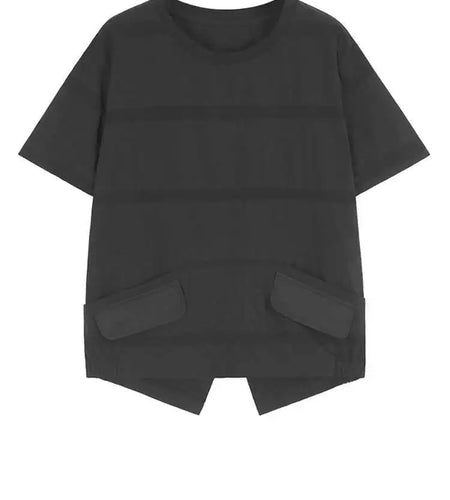 Women Black Striped Back Slit Big Size Casual T-shirt New Round Neck Short Sleeve Fashion Tide Spring Summer 2025 1DJ0712