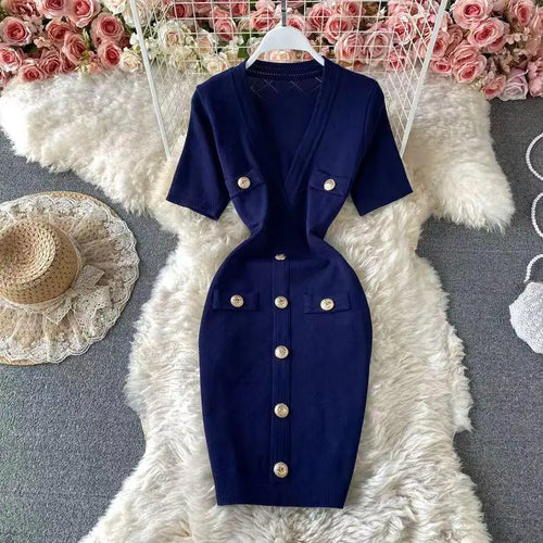 Load image into Gallery viewer, Women 2024 Solid Deep V-neck Short-sleeved Elegant A-line Dress Spring Summer Single Breasted Office Knit Wrap Hip Short Dresses
