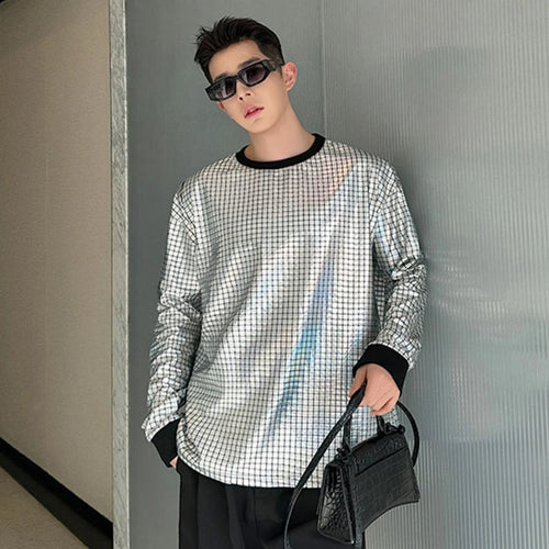 Load image into Gallery viewer, Korean Men&#39;s Round Collar T-shirt Fashion Bright Face Design Plaid Trend Long Sleeve T-shirts Pullover Top Trend 9C5122
