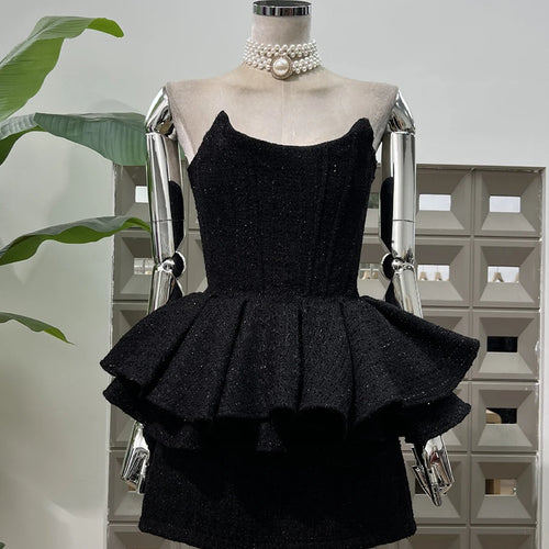 Load image into Gallery viewer, Spliced Sequins Two Piece Sets for Women Strapless Sleeveless Patchwork Ruffles Vest High Waist Skirt Set Female New
