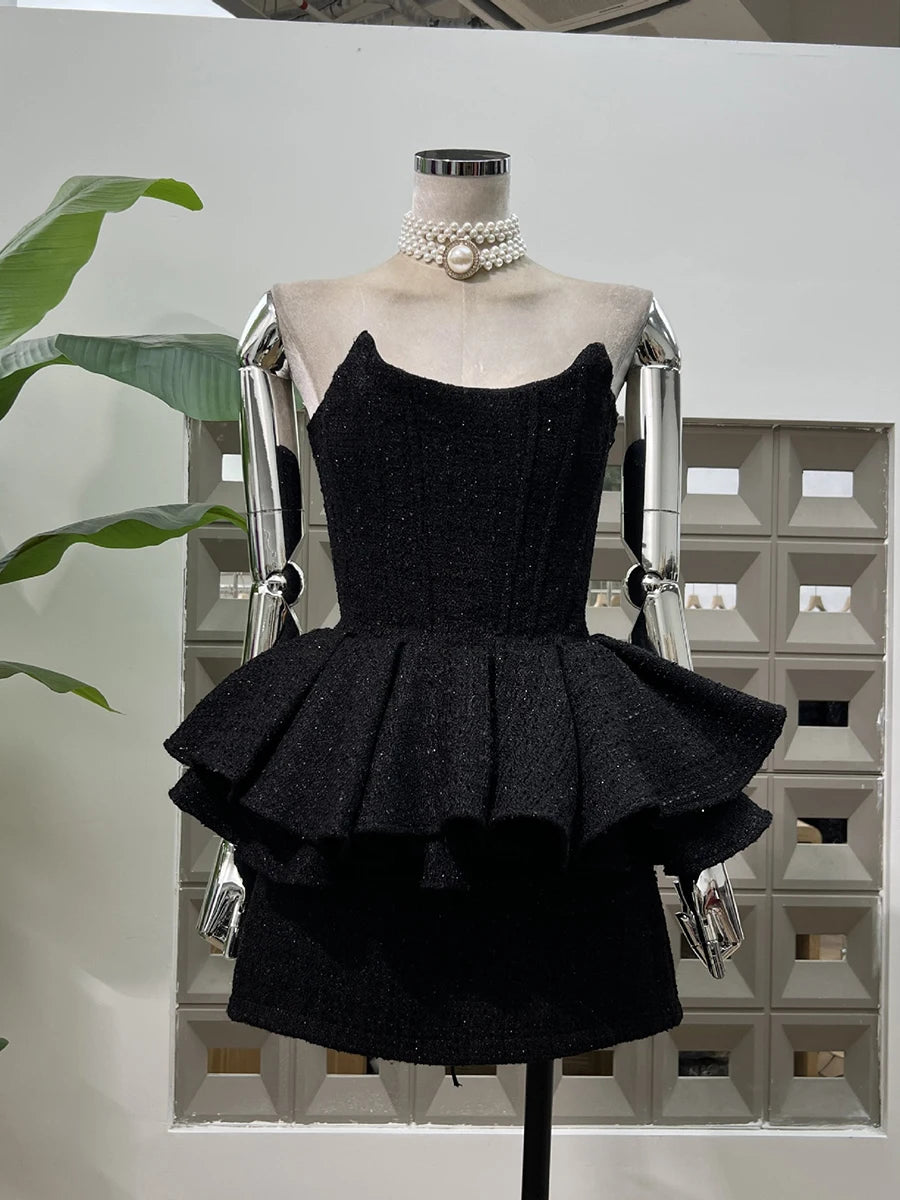 Spliced Sequins Two Piece Sets for Women Strapless Sleeveless Patchwork Ruffles Vest High Waist Skirt Set Female New