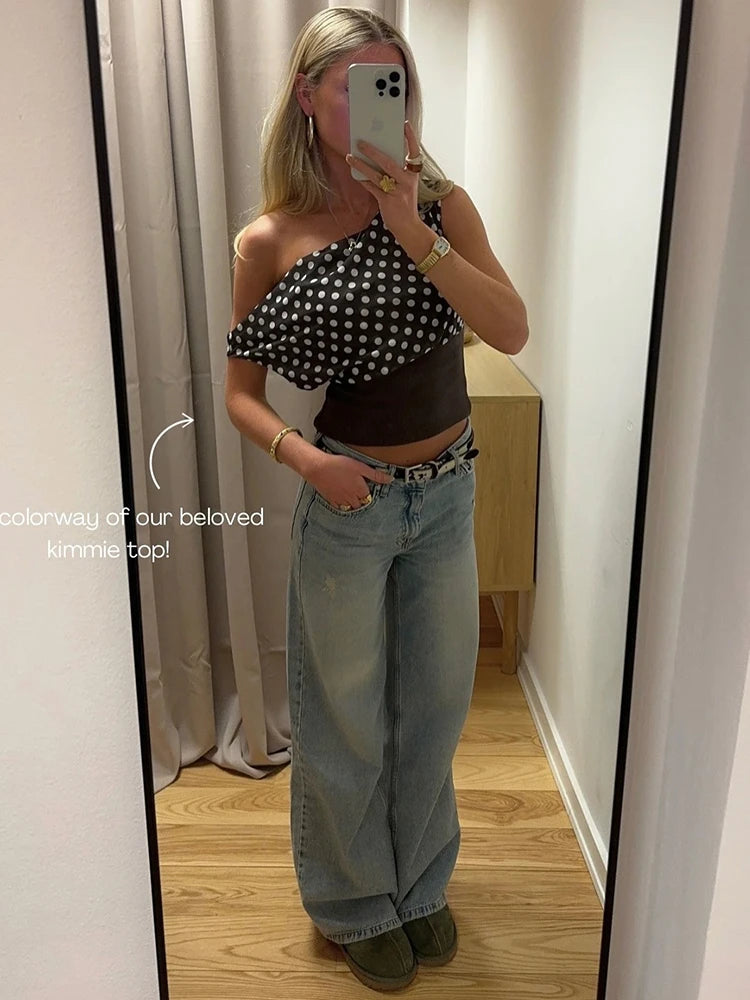 Backless Polka Dot Crop Tops Women Vest Fashion Summer New Oblique Shoulder Sleeveless Tank Tops Pullovers Female